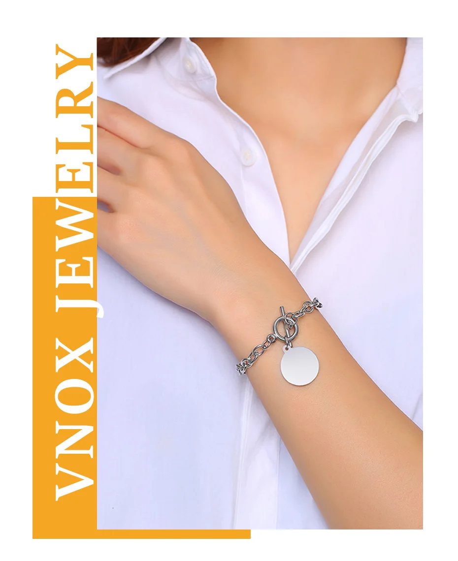 Vnox, настраиваемое изображение, фото, имя, браслеты для женщин и мужчин, нержавеющая сталь, звено цепи с сердцем, монета, шарм, BFF, семейный подарок
