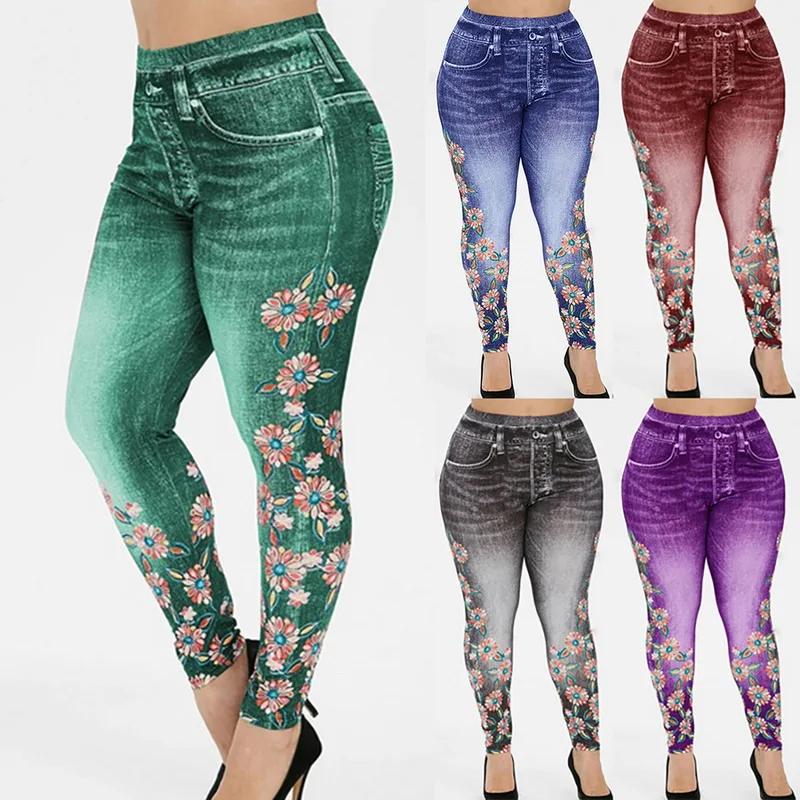 

Jodimitty Autumn Jeans Leggings Women Cotton Flowers Printed Hip Up Woman Jeggings Bright Color Ladies Fake Jeans Blue Leggings