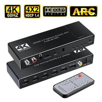 

4x2 HDMI 2.0 Audio & ARC Switch 4 in 2 out HDMI Switcher Splitter with 3.5mm L/R Coaxial Optical Port with IR Remote Control