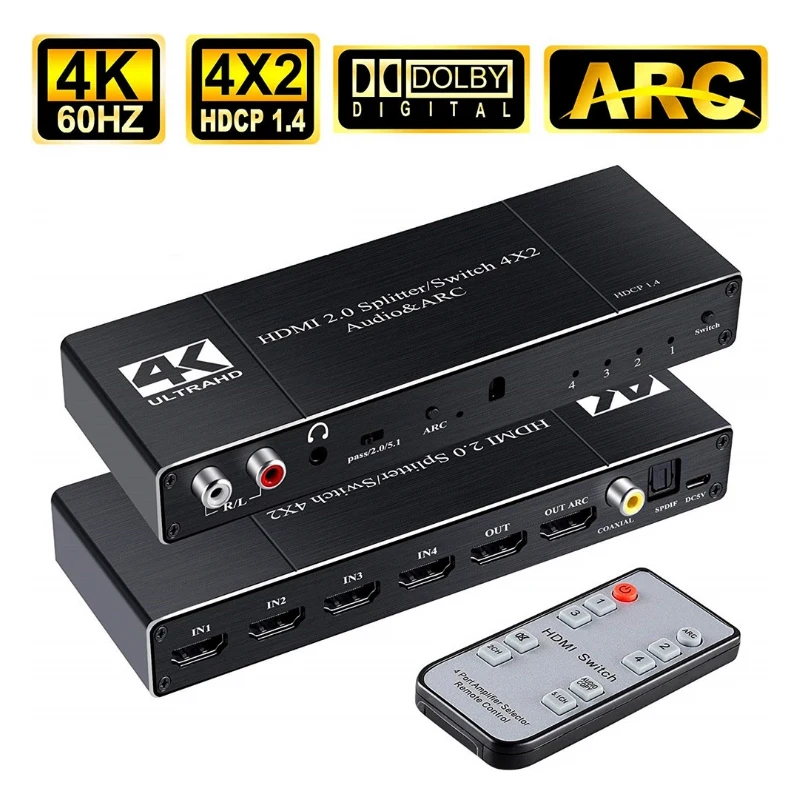 4x2 HDMI 2.0 Audio & ARC Switch Splitter Switcher HDMI 4 in 2 out con porta ottica coassiale L/R da 3.5mm con telecomando IR