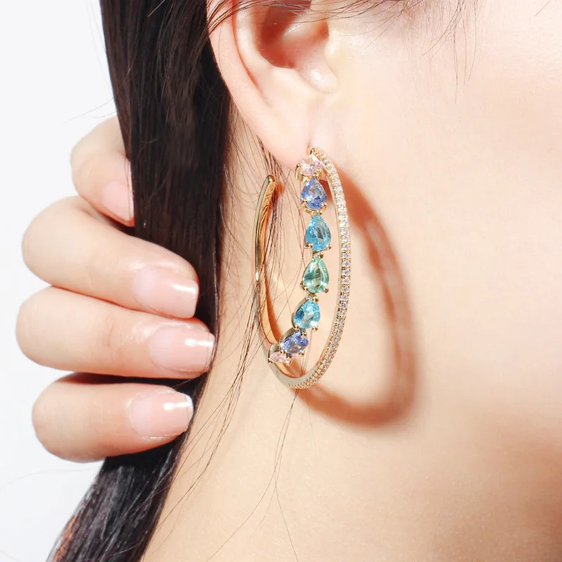 Pera полный Pave Tear Drop Cubic Ziconia Кристалл Большой Круглый двойной круг серьги-кольца для женщин Свадебный костюм CZ Ювелирные изделия E435