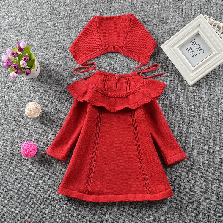 Осенне-зимнее платье для девочек детские вязаные хлопковые платья красные и белые платья с рукавом три четверти и шапочкой для детей от 18 месяцев до 5 лет
