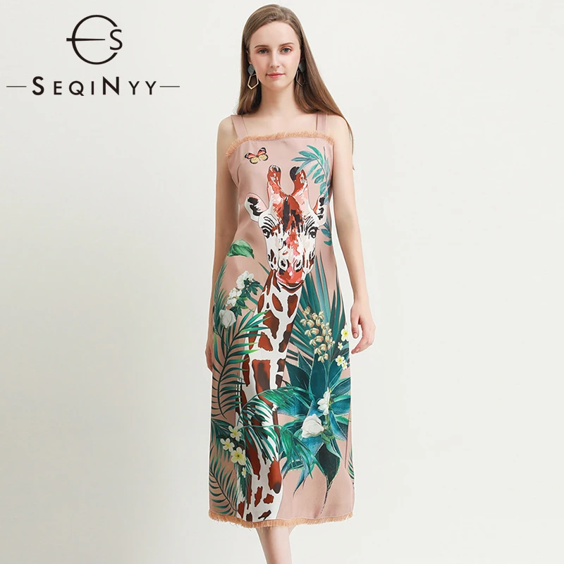 

SEQINYY Khaki Dress 2020 Summer Spring New Fashion Women Sleeveless Animal Palm Leaf Flower Printed Midi Dress