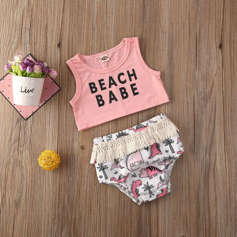 

Casual 2PCS Newborn Toddler Kids Baby Girl Letter Sleeveless Short T-Shirts Tops ï¼‹ Dinosaurs Print Briefs Outfits Clothing Set