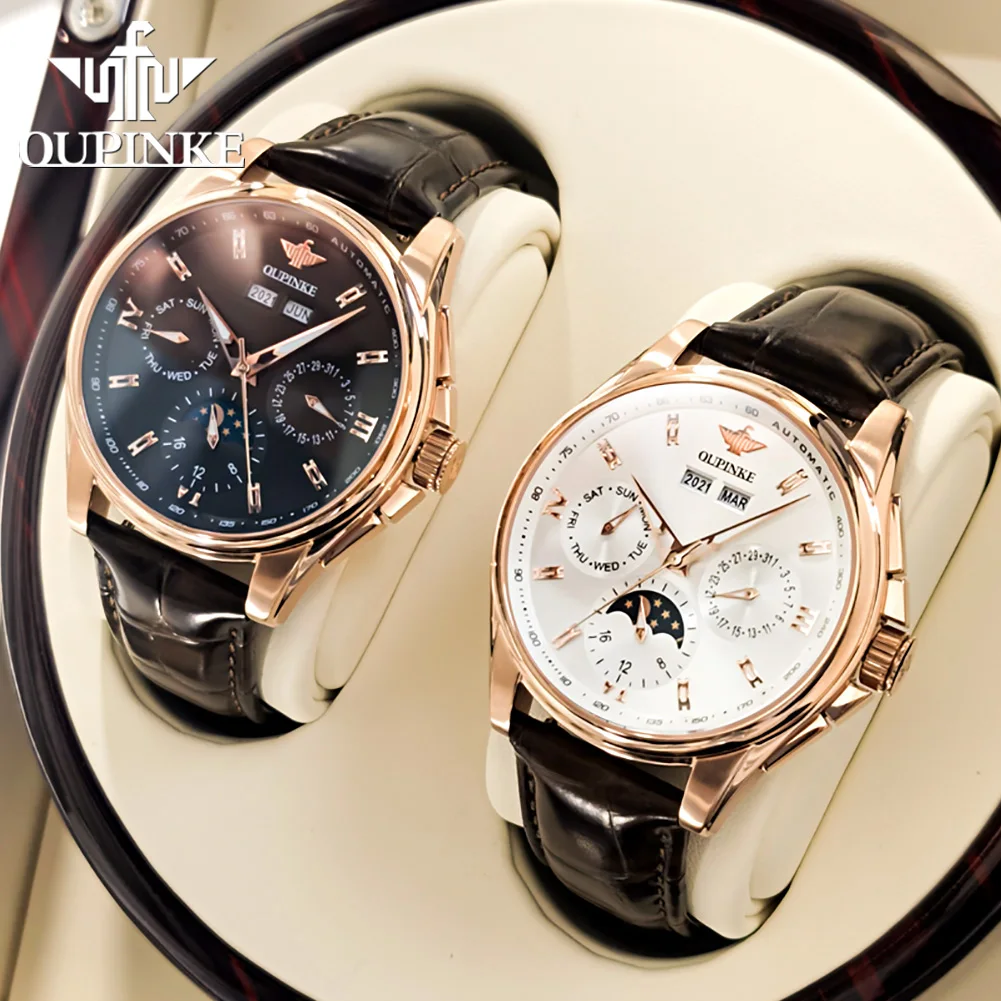 OUPINKE Luxury Brand Watches for Men Automatic Mechanical Watches Genuine Leather Band Waterproof Moon Phase Men's Wristwatches mechanical watch
