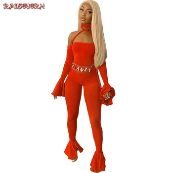 

RAISEVERN 2019 Casual Solid Halter Neck Strapless Backness Ruffle Sleeve Jumpsuit Romper High Stretchy Bell-bottoms Outfits