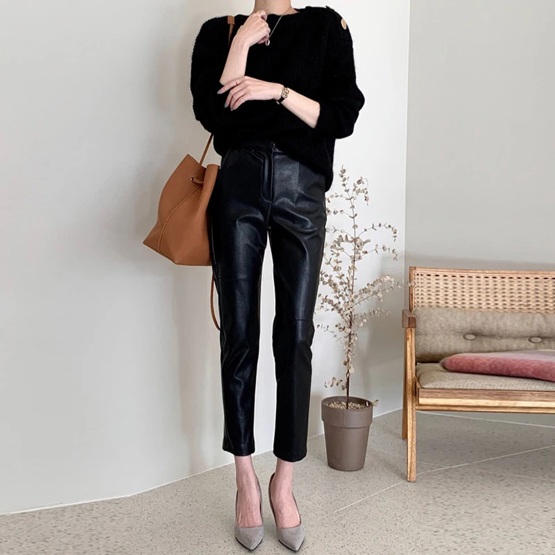 

Female Pu Ankle Trousers Faux Leather High Waisted Harem Pants Women