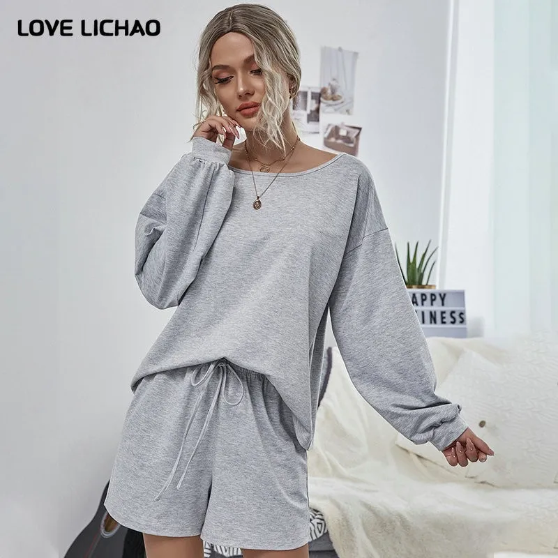 

Two Piece Set Women's Casual Home Suit 2020 Autumn Winter New Female Two-piece Suit O-neck Pullover Shorts Sets For Women
