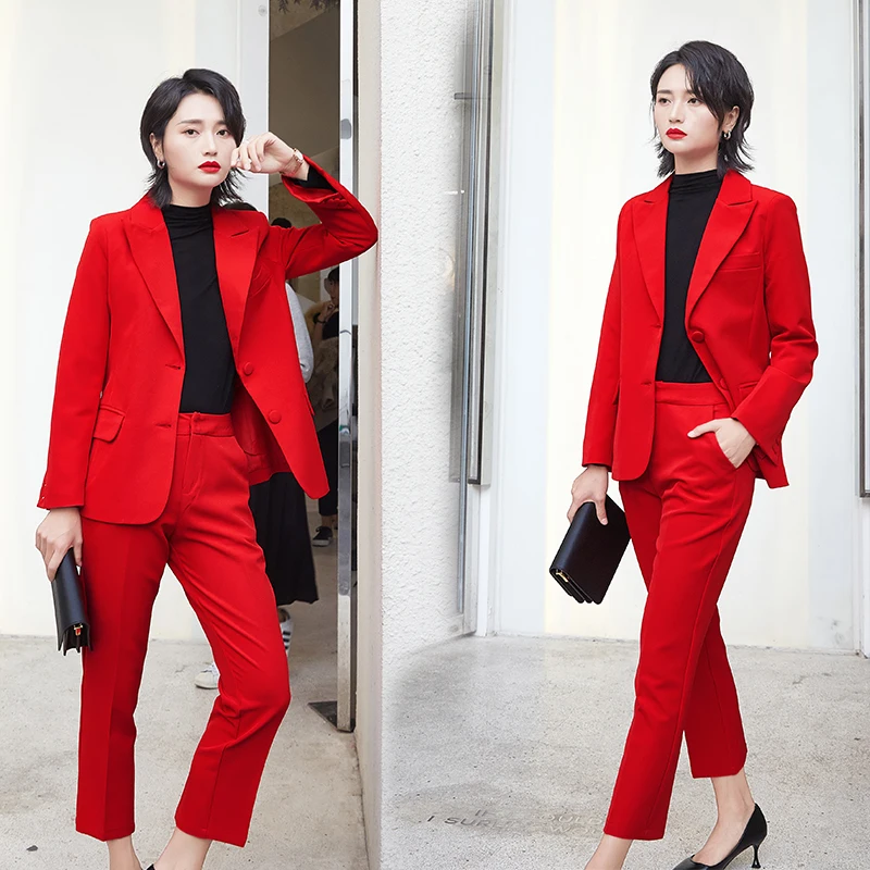 

Ladies suit autumn and winter new fashion red casual suit temperament pants set two sets of wild women's clothing