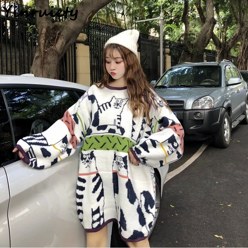 Японский Harajuku женский свитер для улицы милый Kawaii негабаритный вязаный пуловер консервативный стиль аниме Кот осеннее зимнее пальто