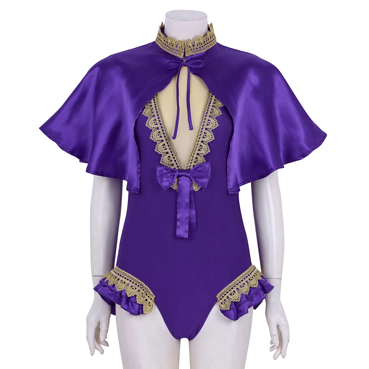 

Adult Gymnastics Leotard Bodysuit Purple Shiny Satin Cape Set Halloween Cosplay Party Clothing Circus Stage Performance Costume