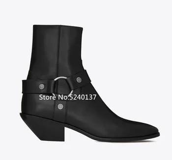 

Strange Heel Suede Leather Women Mid-calf Boots Pointed Toe Side Zip Strap Metal Decoration Autumn/Winter Western Boots Femme