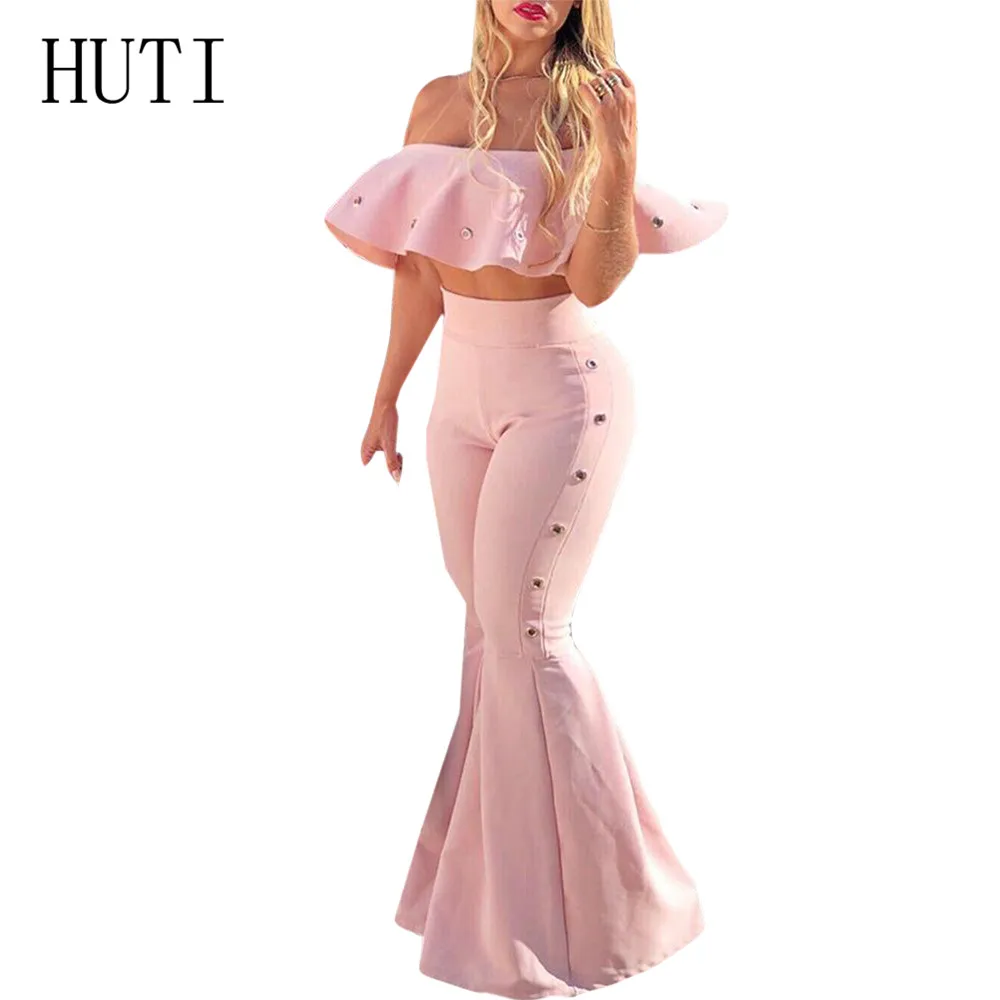 

HUTI Sexy Women's Ruffled Shoulder Short Blouse + Ruffled Stitching Trousers Elegant Off Shoulder Summer Rompers Pink Jumpsuits
