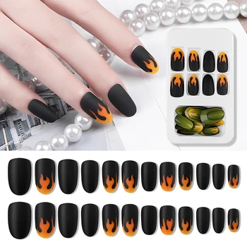 

24Pcs/ Box Professional Matte Classic Easy Wear Fire Flame Full Cover Short Round Head Punk Fake Nails Manicure Tool Tips