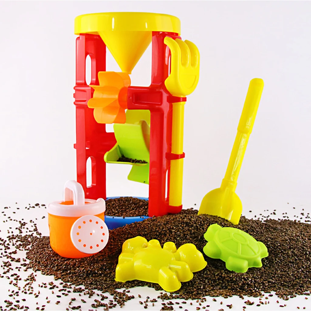 6pcs Beach Sand Toys Set - Water Wheel, Water Can, Shovel, Rake and Sand Molds - Kids Summer Garden Lawn Outdoor Toy Gift