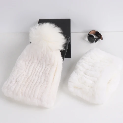 Женский Хороший эластичный настоящий шарф из меха кролика Рекс, шапка, наборы, зимние теплые женские вязаные шарфы из натурального меха, шапки, набор - Color: color 29
