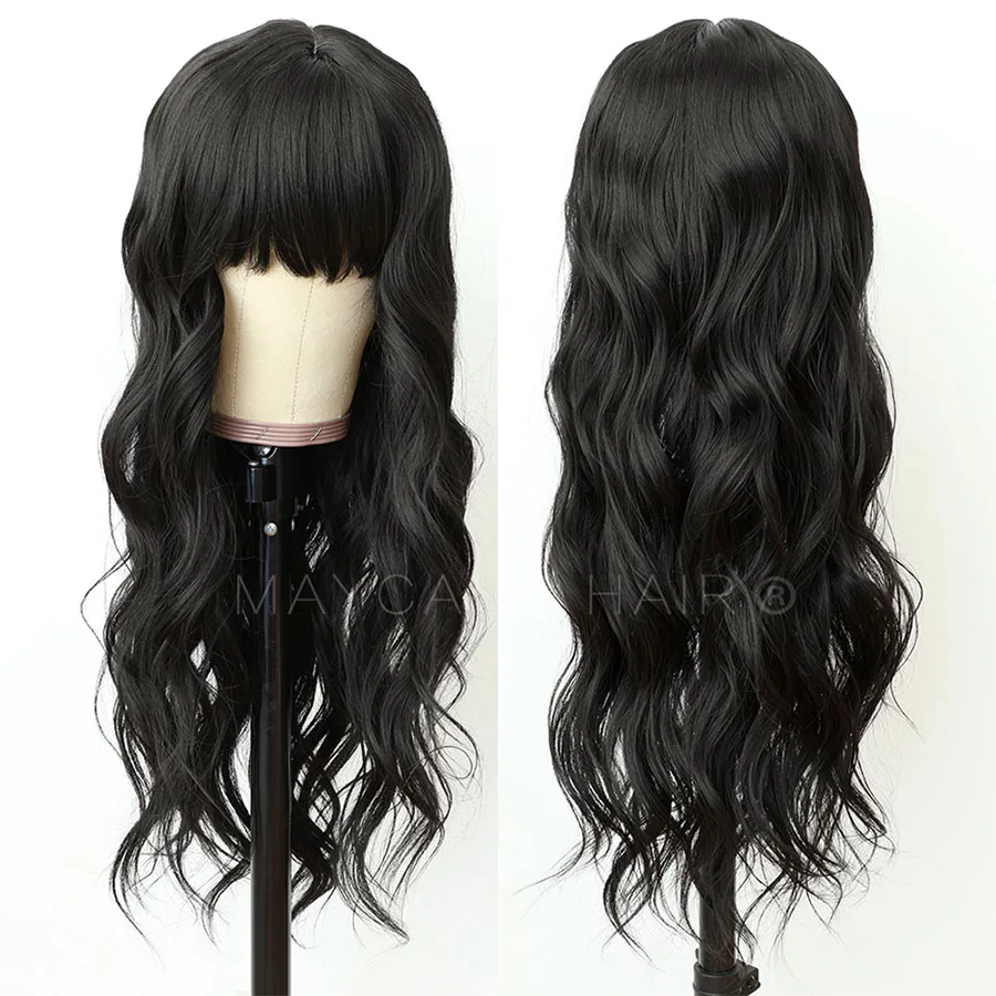 Maycaur Black Color Wavy Wigs With Full Bangs Glueless Heat Resistant Synthetic No Lace Hair Wigs for Black Women (4)