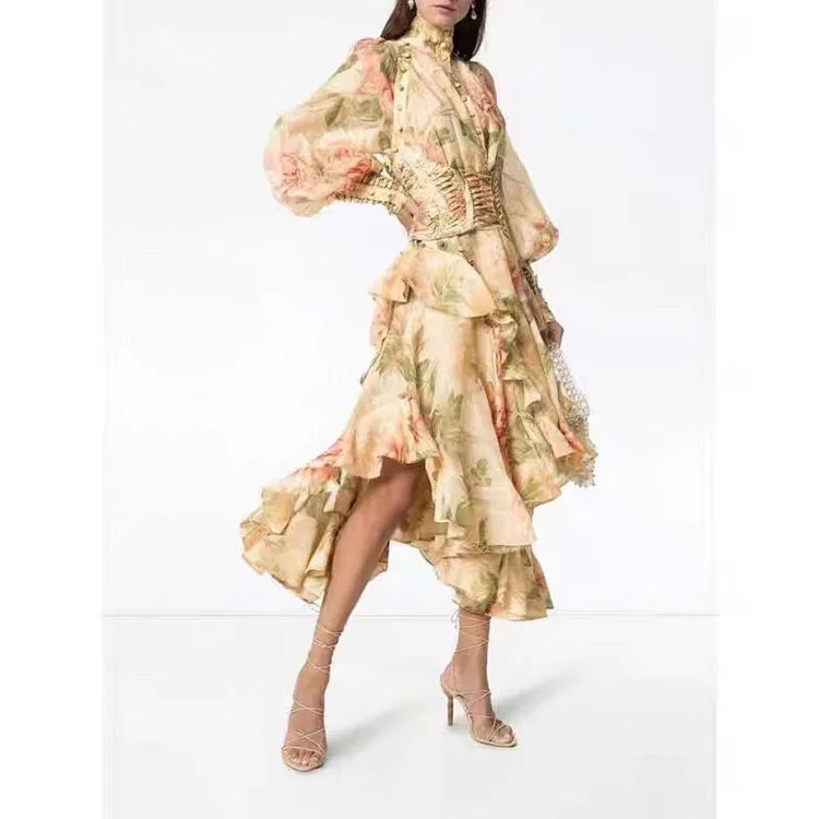 Ziwwshaoyu женские осенне-зимние дизайнерские винтажные пояса платье модный фонарь рукав цветочный принт вечерние асимметричные платья