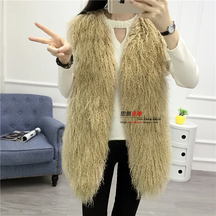 beige Ms. MinShu, натуральный мех ягненка, жилет, модное женское пальто, монгольский мех ягненка, жилет, зимний жилет, длинное пушистое меховое пальто - Цвет: beige