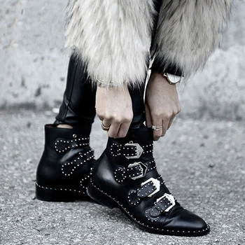 

Rivets Faux Leather Booties Buckle Straps Thick Heel Black Ankle Women Boots Studded Decorated Woman Boots Motorcycle Size 43