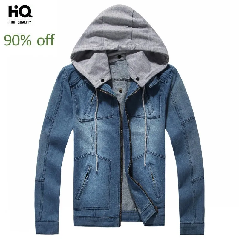 

Men's Zip Jacket Hoodies Washed Hat Detachable Jeans Jacket Solid Pockets Male Denim Coat Blue Jaqueta Masculina Plus Size 5XL