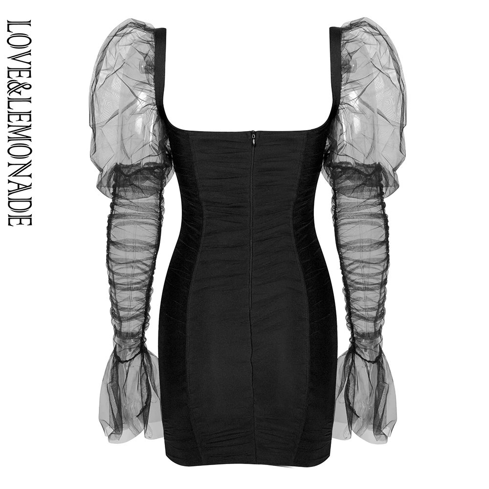 LOVE& LEMONADE, сексуальный черный топ-труба, со сборками, с пышными рукавами, Сетчатое, облегающее, вечерние, мини-платье с длинным рукавом, LM90142