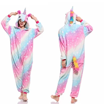 

New Winter Women Men Adults Animal Pajamas Kigurumi Unicorn Sets Cartoon Flannel Hooded Stitch Warm Sleepwear Unicorn Onesies