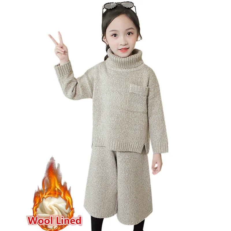 

Kids Girl Woolen Lined Sweater Wide Leg Pants Suit Child Winter Warm Thick Knitted Set Sweater Pants Suit Knitwear Two Piece Set