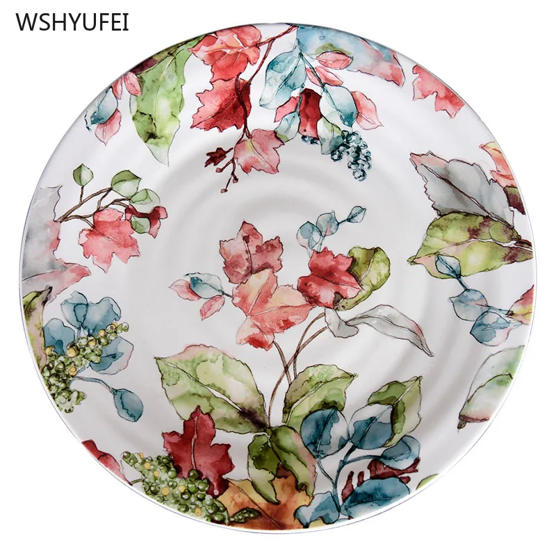 1Pcs Creative painted flowers round ceramic dish tableware Western steak salad dessert cake sushi storage decorative plate