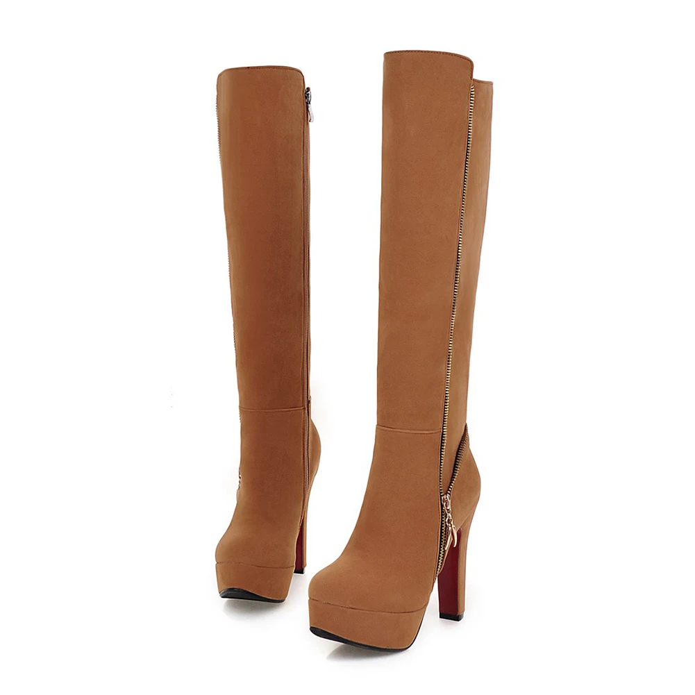 Fashion Plus Size 32-47 Zip Decoration Platform 12cm Super High Square Heels knee-high Zip Boots For Ladies