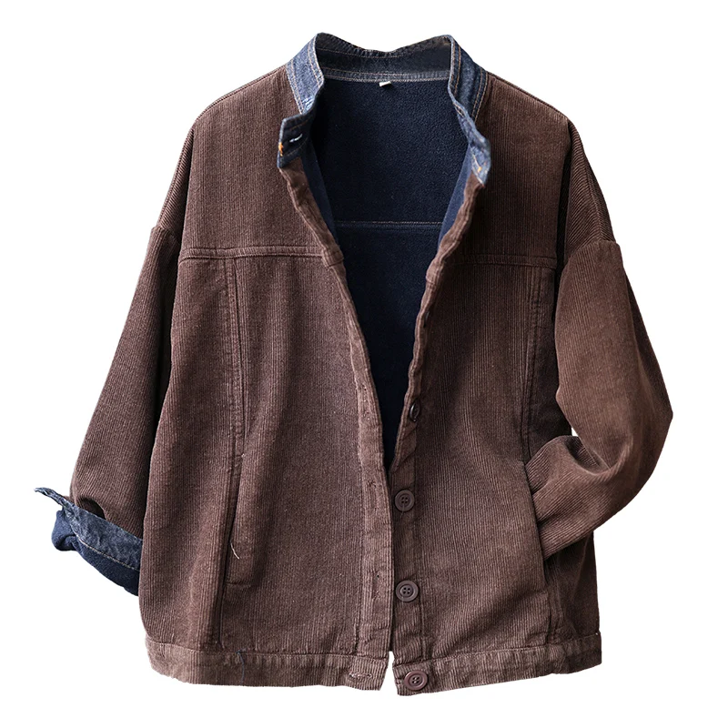 low cost Corduroy Jackets For Women Thick Coats 2019 Autumn New Patchwork Denim Vintage Warm Button Women Lo
