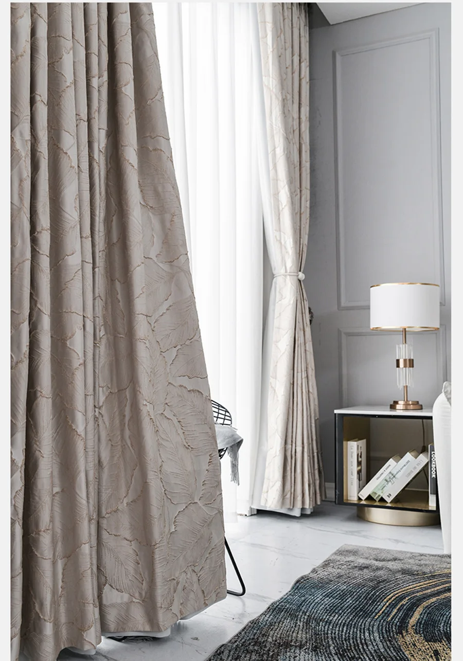 Embossed Stereoscopic Gold Silk Leaves Blackout Bedroom Curtains Luxury Villa Modern Curtain Bronzing Texture Window Drapes #4