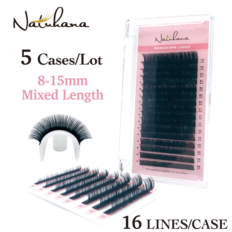 

NATUHANA 5Cases/Lot 16rows 8~15mm Matt Eyelashes Synthetic Mink Eyelash Extension Natural Fake False Lashes Soft Makeup Cilios