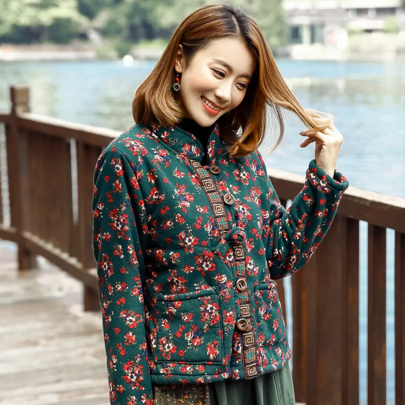 

2018 Winter Style Ethnic-Style WOMEN'S Dress plus Velvet Cotton Linen Cotton-padded Clothes Short Coat Thick Cotton Coat Chinese