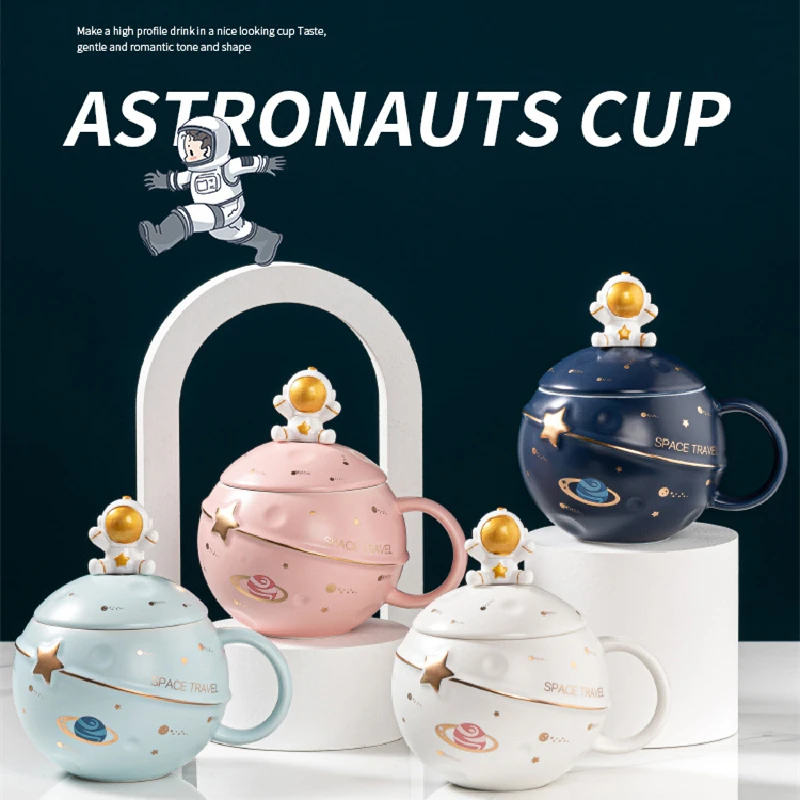 

Cartoon Astronaut Planet Mugs Ceramic Cup Round Creative Personality Gift Cup Drinking Cups Set Coffee Mug with Lid Spoon