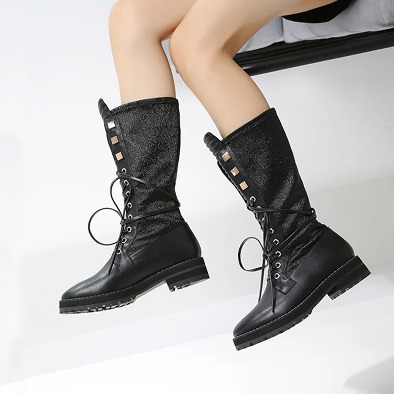

Rivets Designer Winter Shoes Woman Motorcycle Boots Metal Decor Botas Mujer Chelsea Booties Lace Up Mid-Calf Boots Women 2019