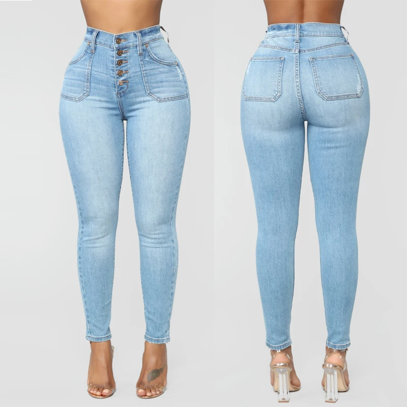 

Women Skinny Denim Light Pencil Pants Stretch Jeans 2019 Spring Autumn High Waist Slim Button Pockets Pants Women Jeans C443