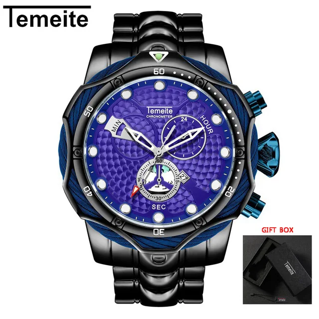 black blue Temeite мужские часы Топ бренд дизайн роскошные золотые кварцевые часы для мужчин большой циферблат часы водонепроницаемые наручные часы Relogio Masculino - Цвет: black blue