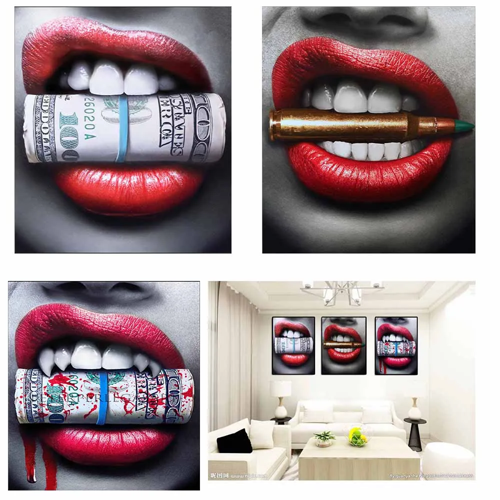 DIY diamond painting Sexy Red Lips Bite Bullet Money dimaond embroidery full drill 5D mosaic round | Дом и сад
