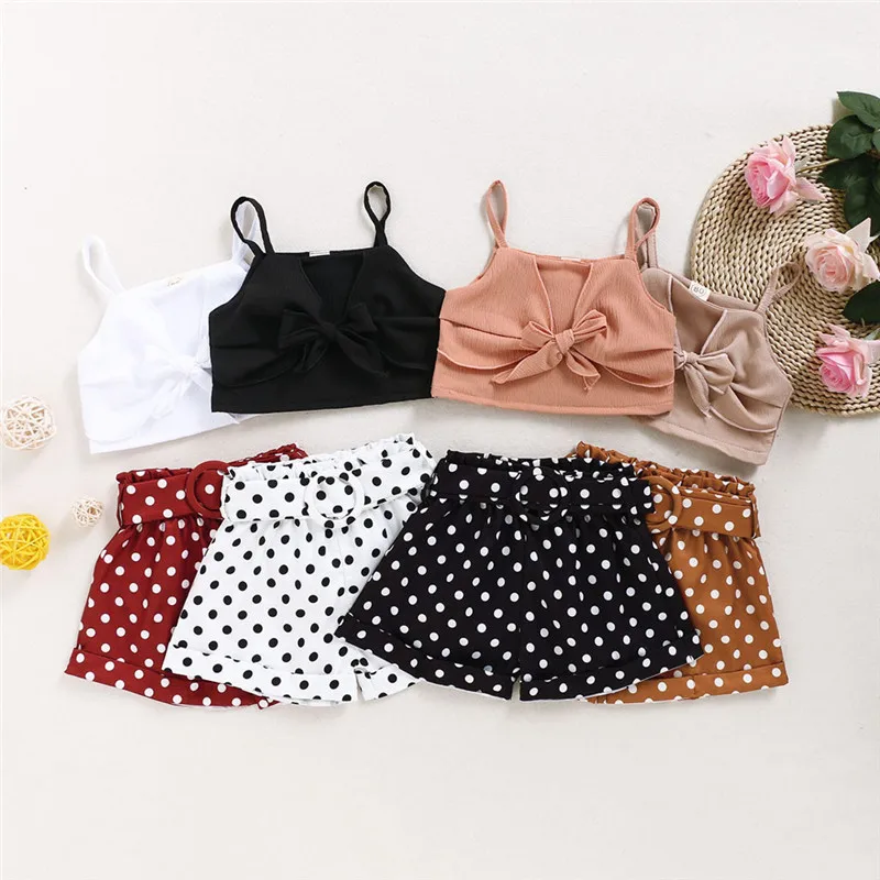 

2PCS Kid Baby Girls Summer Clothes Sleeveless Bokwnot Vest Tops Polka Dots Print Belt Shorts Pants Children Girls Casual Outfits