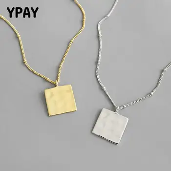 

YPAY 100% Genuine 925 Sterling Silver Bead Chain Necklaces Women Korea INS Concave Geometric Square Tag Pendant Necklace YMN190