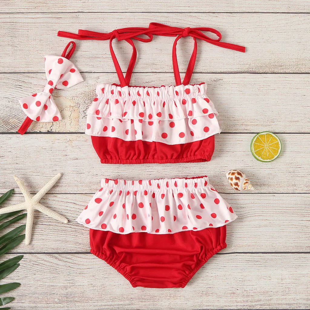 Летняя детская одежда, детский купальник для девочки, без рукавов, в горошек, с рюшами, купальный костюм, купальный костюм, бикини, наряды, купальник, детские плавательные комплекты