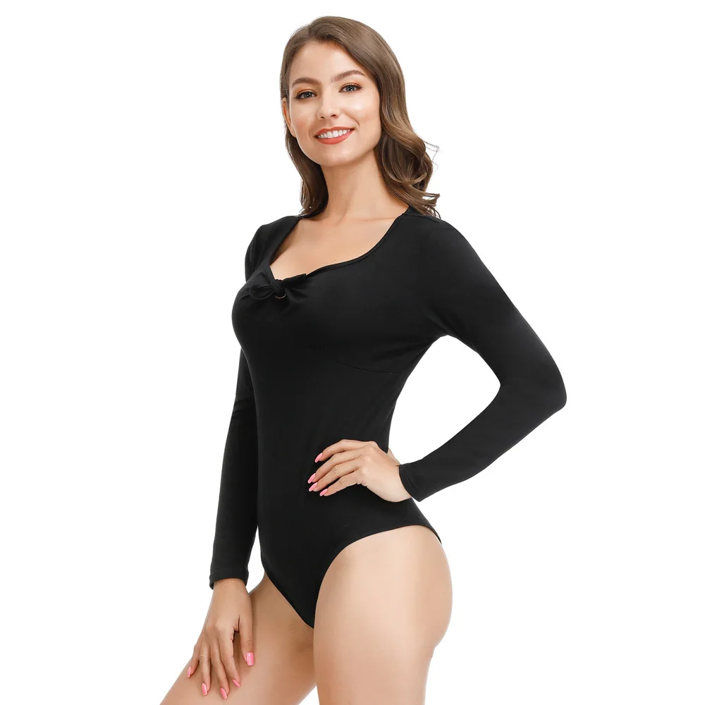 Women's bodysuit clothes summer autumn Bow-tie Decorated Bodysuit Long Sleeve Cotton Stretchy Retro Vintage solid fit overalls