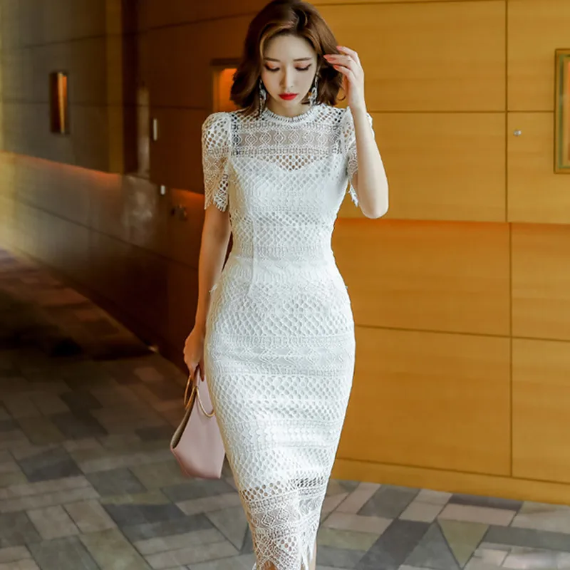 Two-Piece Summer New Style Korean-style Debutante Elegant Slim Fit Hollow out-WOMEN'S Dress Lace Skirt Set