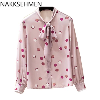 

NAKKESHMEN-Spring 2020 new tie bowknot wave point Long Sleeve Chiffon shirt Womens ol versatile bottoming top