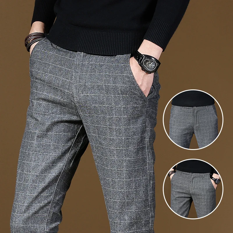 Mens Pants Autumn Fashion Casual Business Men Pants Plaid Men's Straight Gray Trousers Male Cotton Slim Work Pant 38