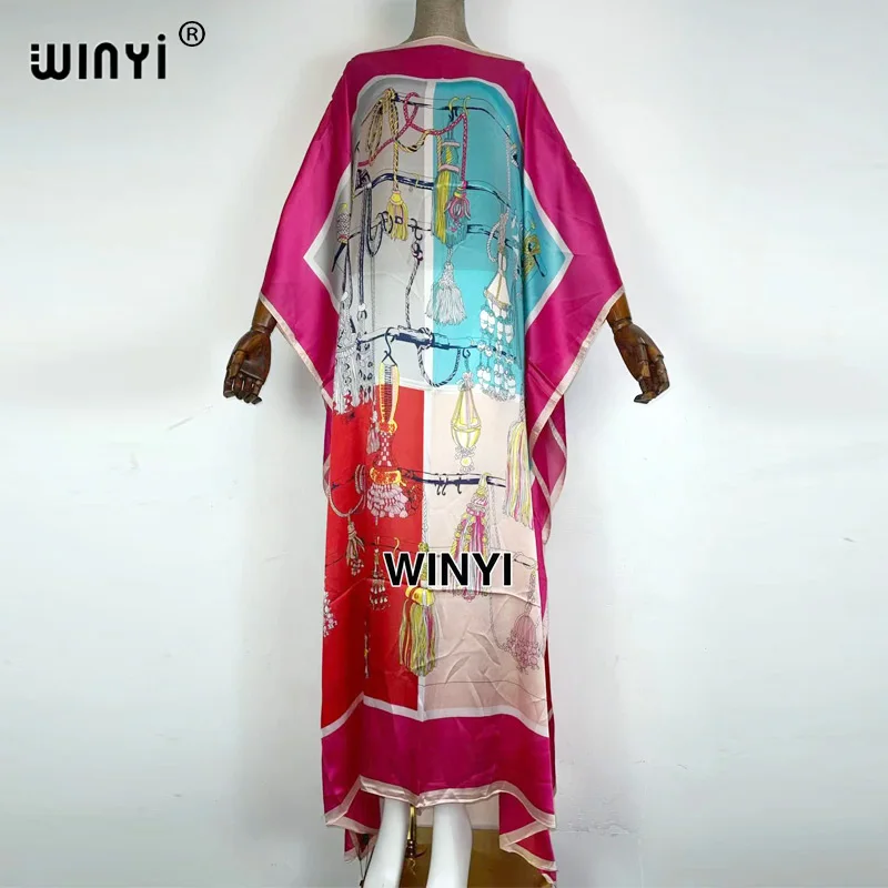 

WINYI Fashion Printed Free Size Summer robe Women's silk like kaftan Dashiki African loose Abaya match scarf BOHO dress