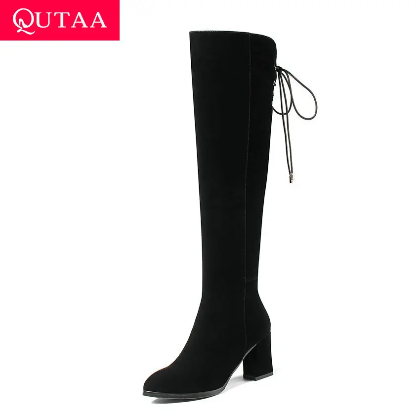 

QUTAA 2020 Sexy Pointed Toe Scrub Flock Autumn Winter Women Shoes Square High Heel Zipper Lace Up Knee High Boots Size 34-39