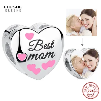 

ELESHE Mother's Day Authentic 925 Sterling Silver Best Mom Charm Custom Photo Heart Bead Fit Original Charm Bracelet DIY Jewelry