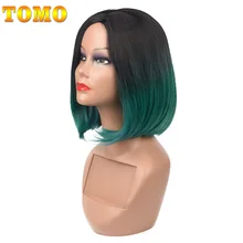 TOMO синтетический 14 дюймов шелковистый прямой короткий боб парики средняя часть черный коричневый зеленый блондин косплей парик женский термостойкие волосы
